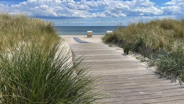 A wooden boardwalk leading to the beach with sand dunes on either side. - Skandinavischer Rückzug für 6 (Großenbrode)