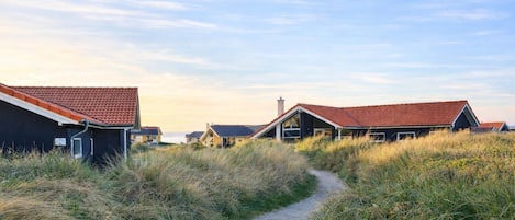 A coastal path leading to houses with red-tiled roofs, surrounded by grassy dunes.