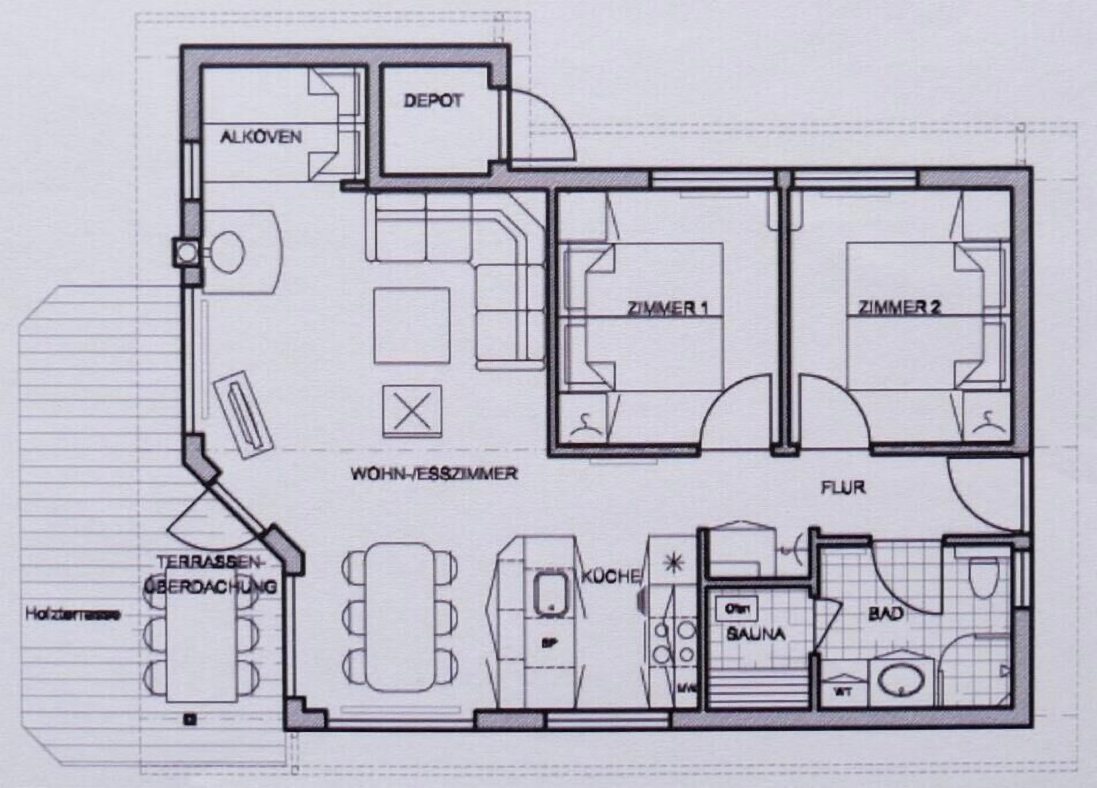 A floor plan with a living area, two bedrooms, a kitchen, a bathroom, and a terrace.