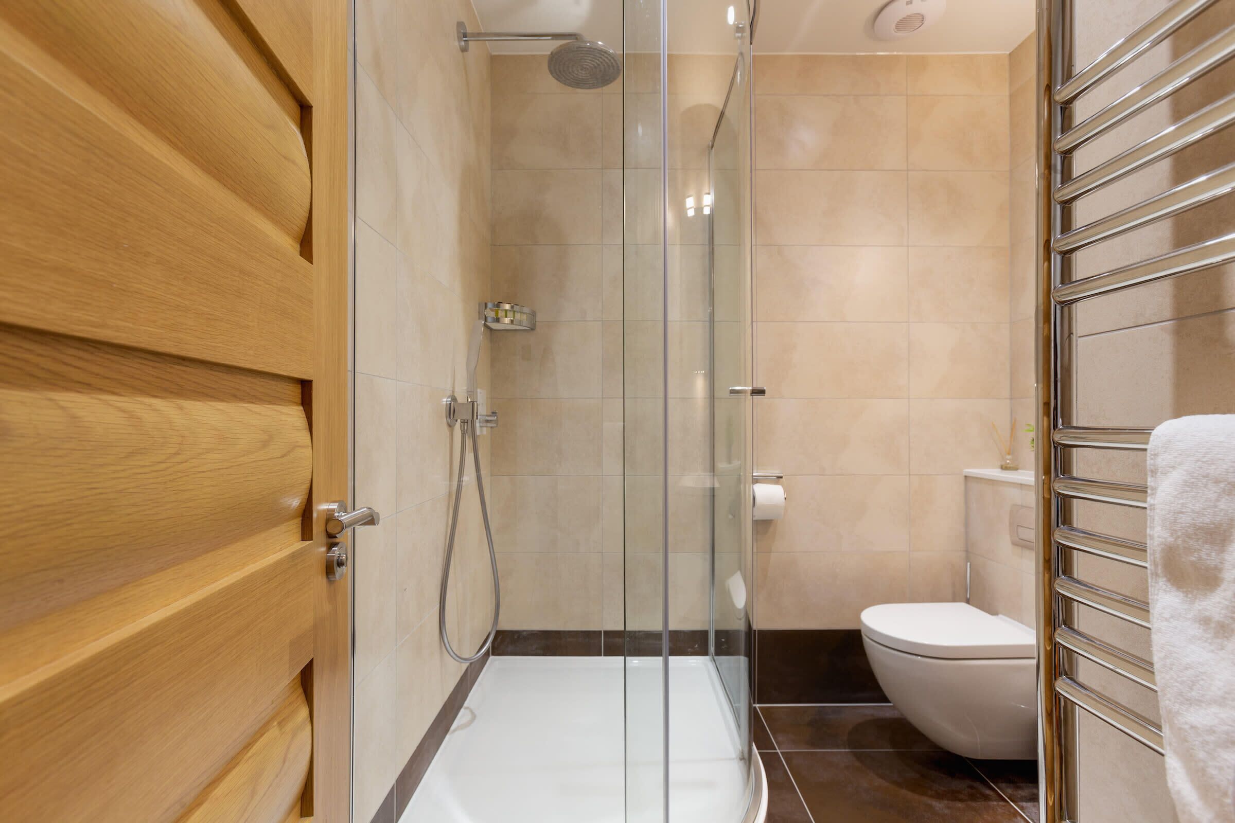 A modern bathroom with a glass shower enclosure, a white toilet, and a wooden door.