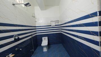 Shower, slippers, towels, soap