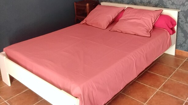 A single-bed room with a wooden frame, a red bedspread, and a patterned wallpaper on the wall. - House in the Provençal countryside (Le Thoronet)