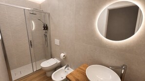Ein modernes Badezimmer mit einer gläsernen Dusche, einer Toilette, einem Bidet und einem Waschbecken mit Holzablage.