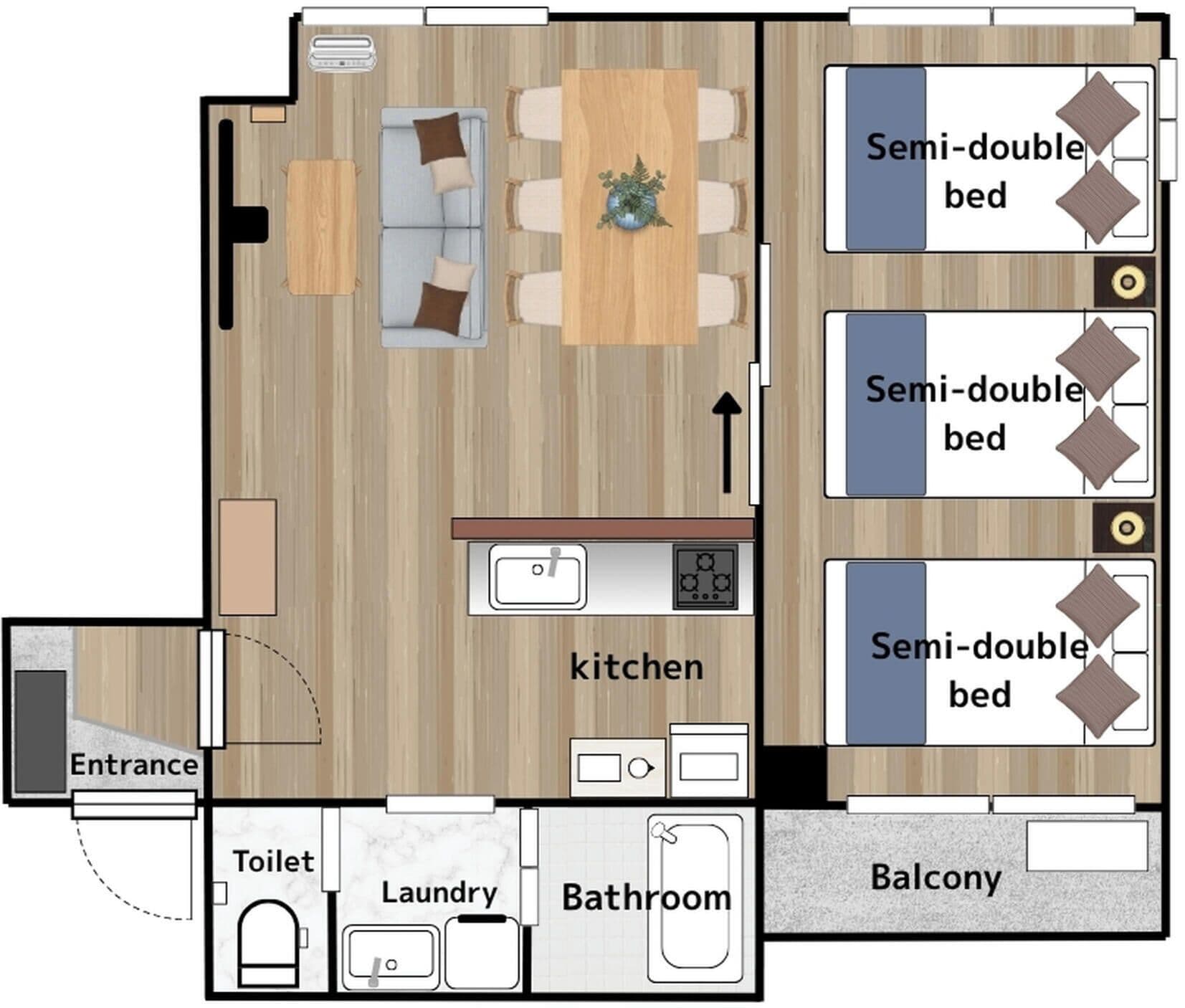 Un plan d’étage comprenant une cuisine, deux lits une place et demie, un balcon et une salle de bain.
