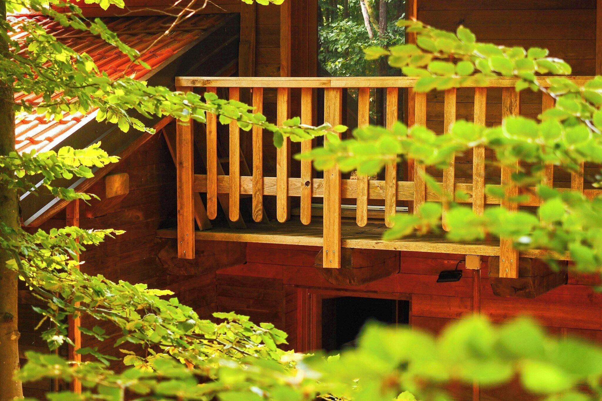 Een houten terras met een balustrade, omgeven door groen.