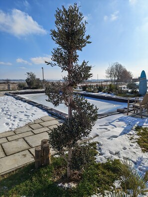 Un espace extérieur enneigé avec un arbre, une piscine bleue et un ciel dégagé.