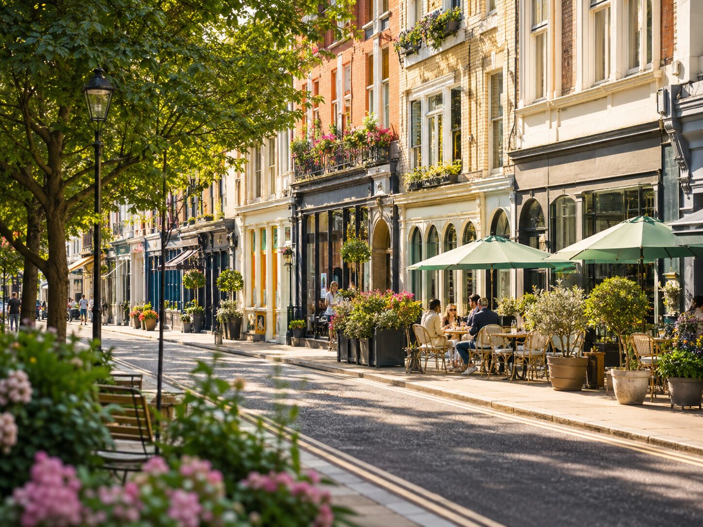 A street lined with traditional European-style buildings, outdoor seating with umbrellas, and potted plants.