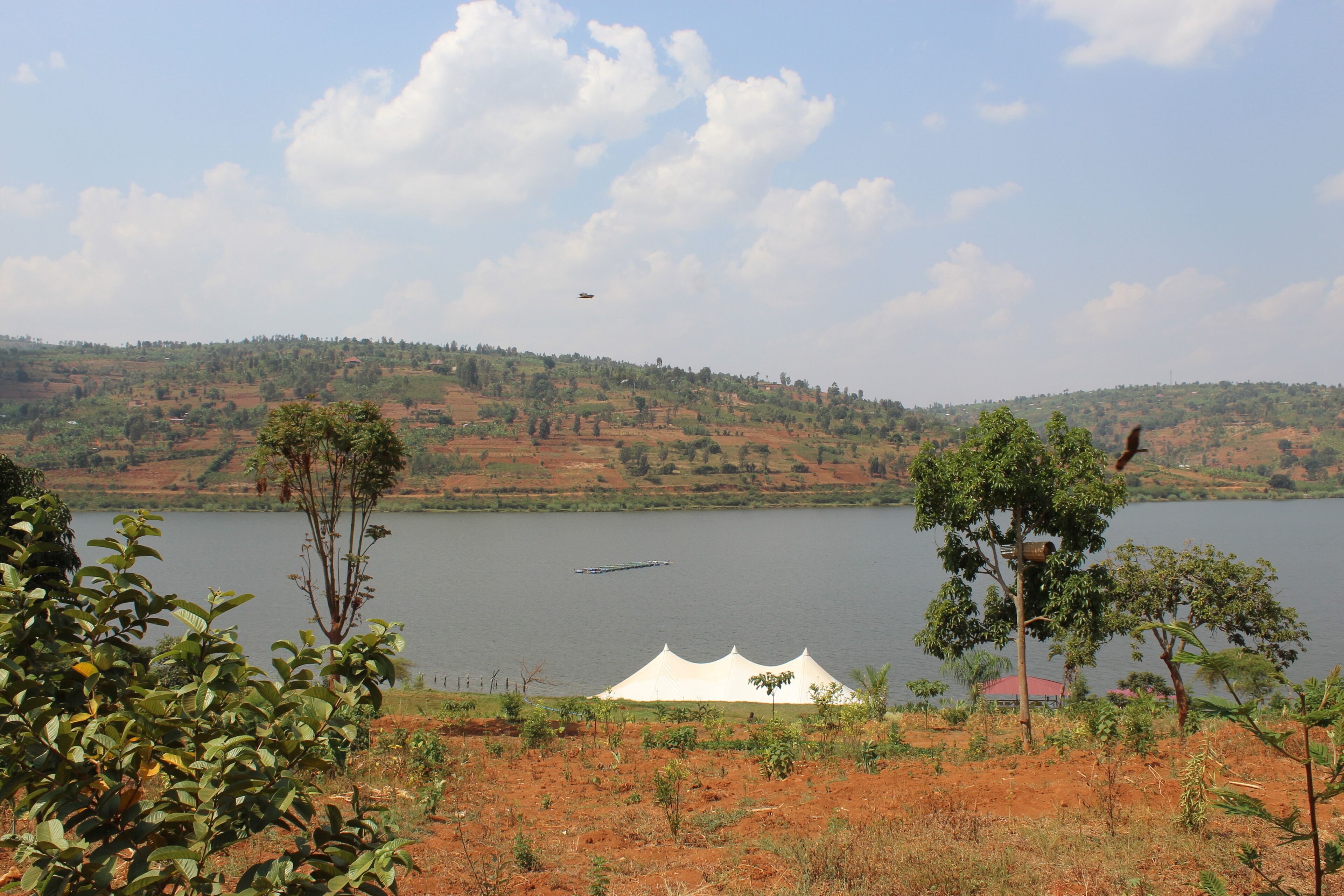 A lake with a tent in the foreground and a boat on the water.