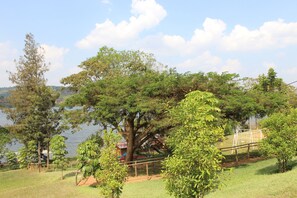 A park with a playground, trees, and a lake.
