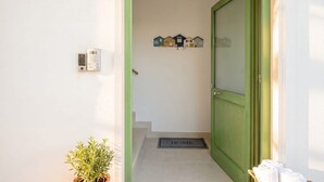 Um corredor com uma porta verde, um interfone fixado na parede, um tapete de entrada e um pequeno vaso de planta.