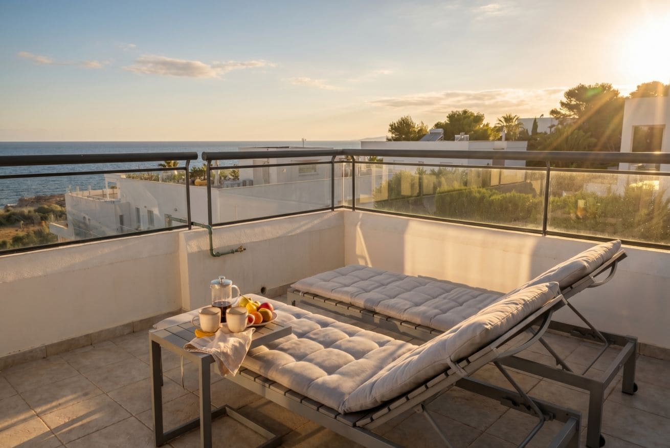 Un balcone con una poltrona imbottita, un tavolo con un vassoio pieno di frutta e un boccale, e una vista limpida sul mare.