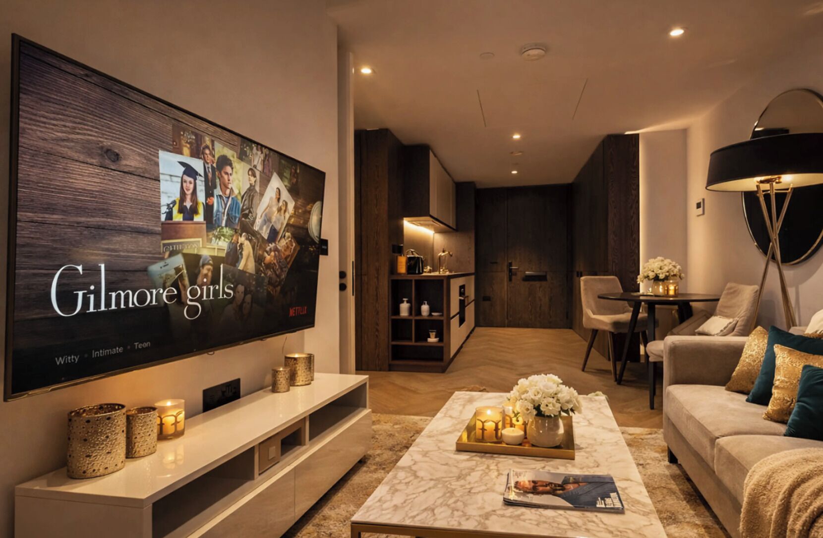 A modern living room with a flat-screen TV, a coffee table with candles, a sofa, and a dining area with a lamp.