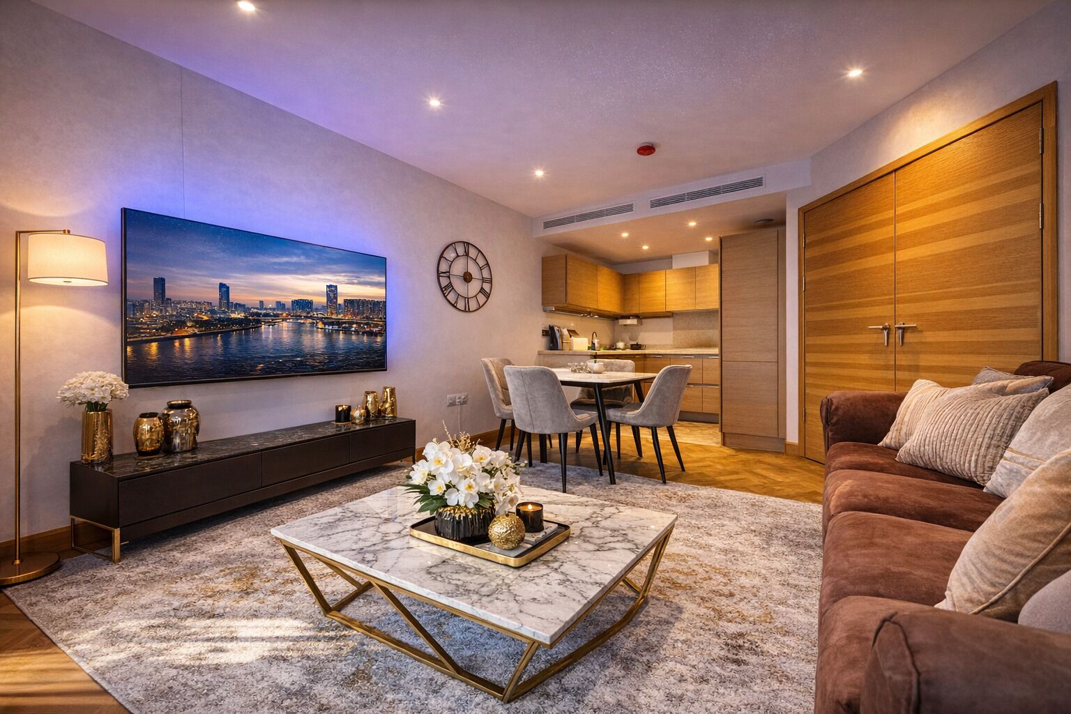 A modern living room with a flat-screen TV, a dining area, and a kitchen.
