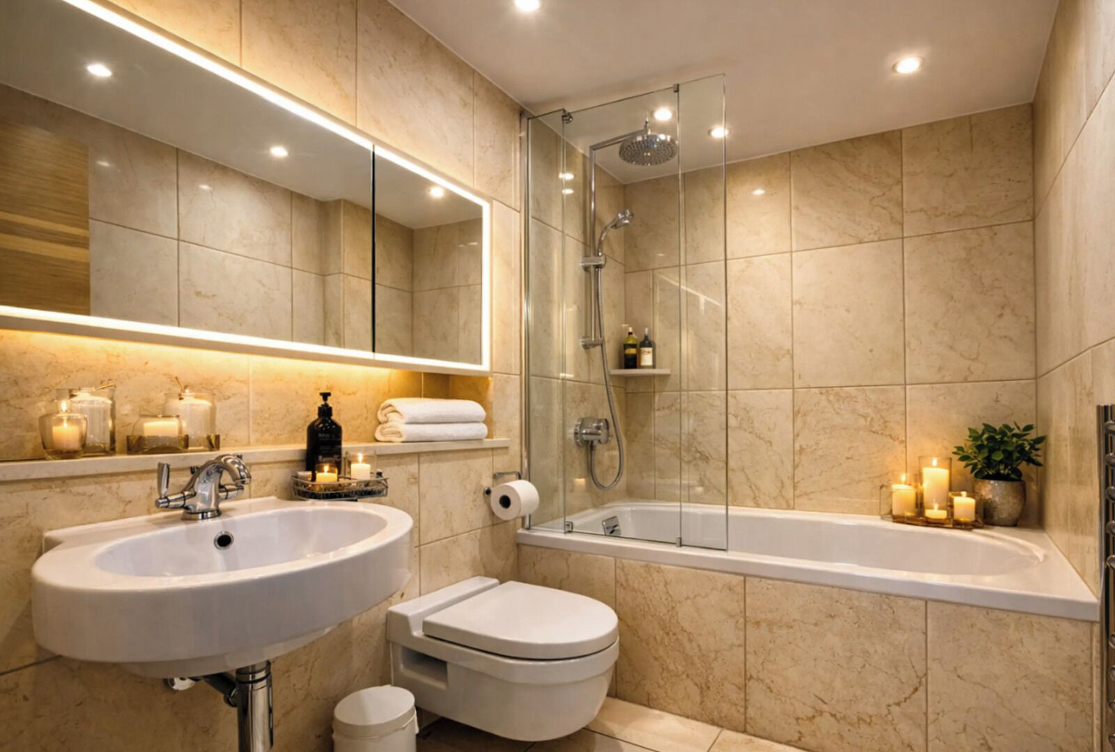 Un bagno moderno con lavandino, WC e vasca da bagno.