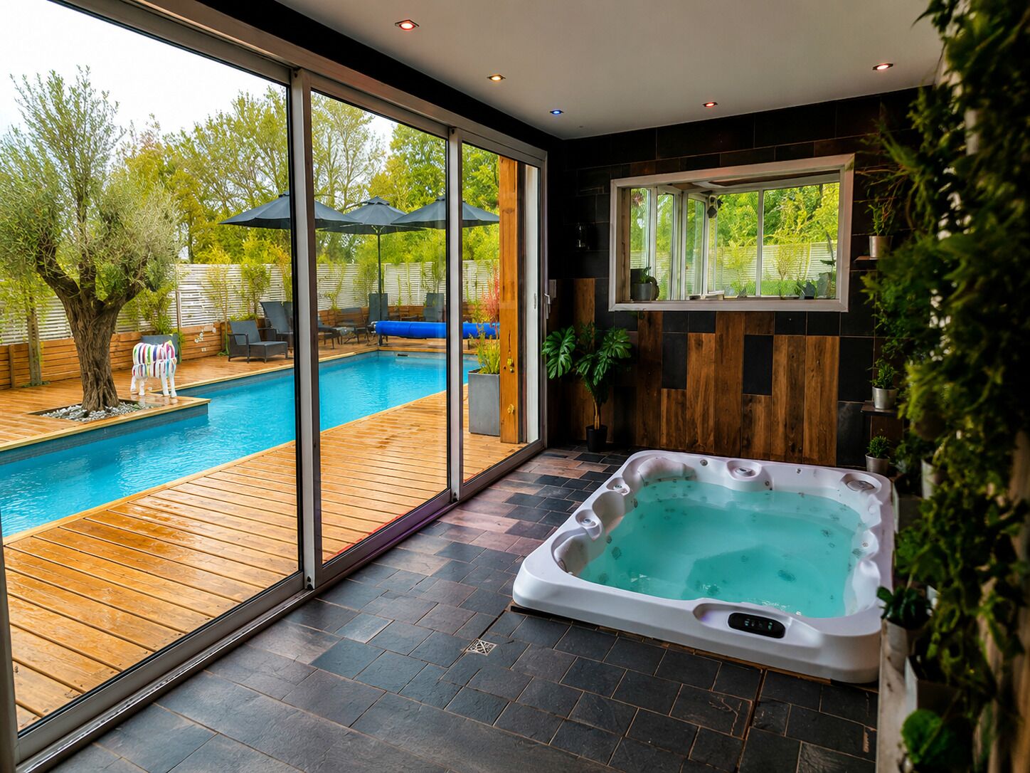 A modern indoor pool area with a hot tub, wooden deck, and large windows offering a view of the outdoors.