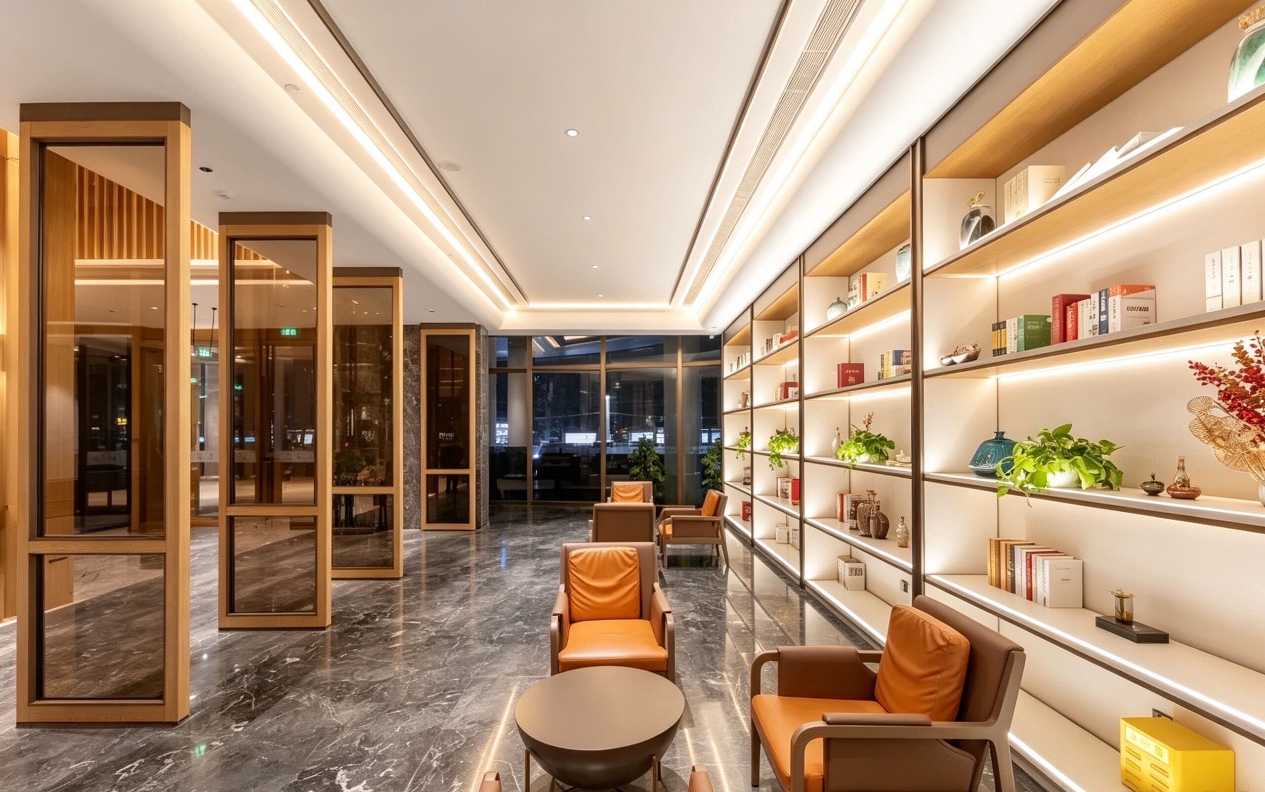 Um lobby moderno com piso de mármore, área de estar e uma estante com diversos objetos.