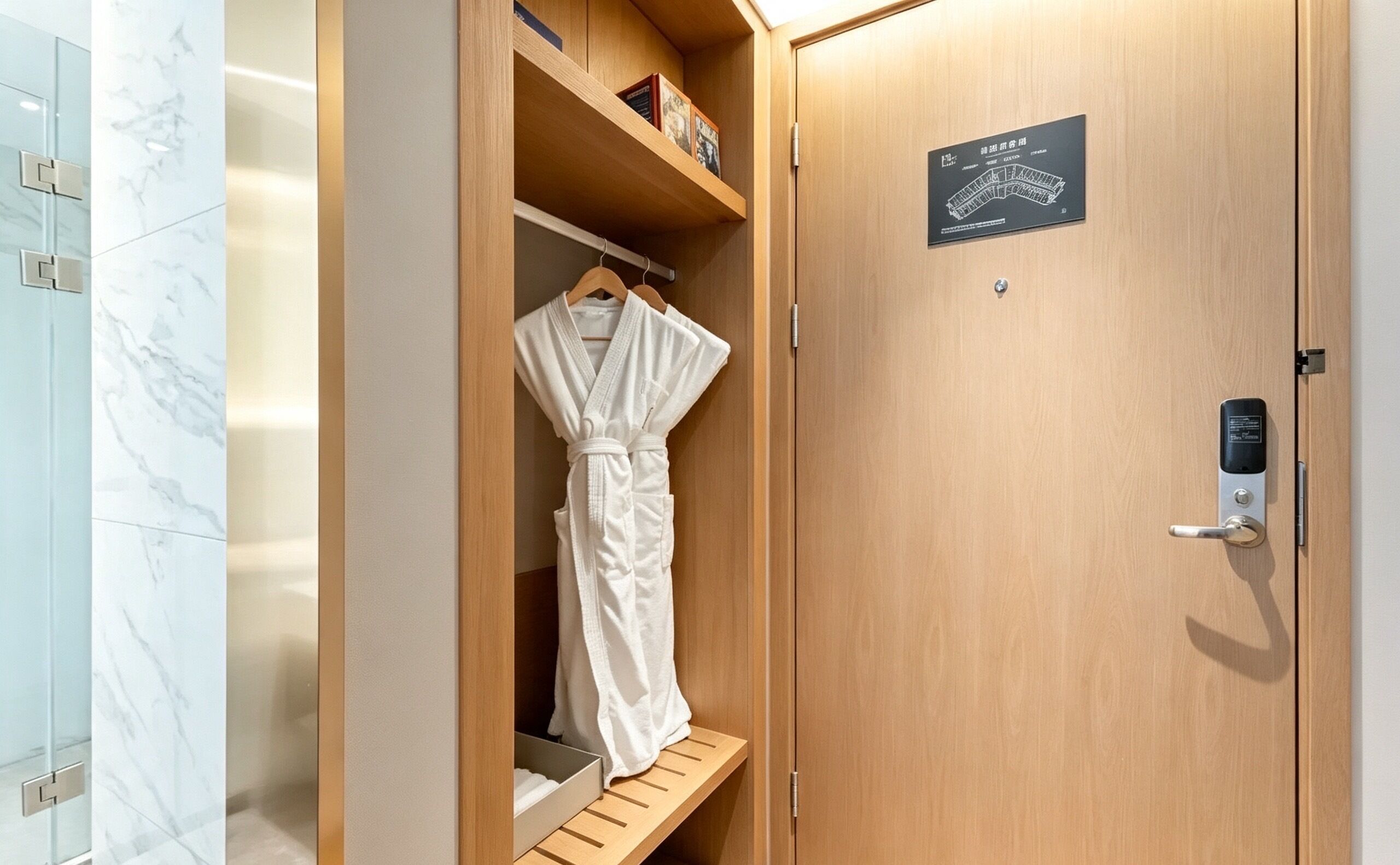 A wooden wardrobe with a robe hanging inside, a shelf with books, and a door with a lock and a sign.