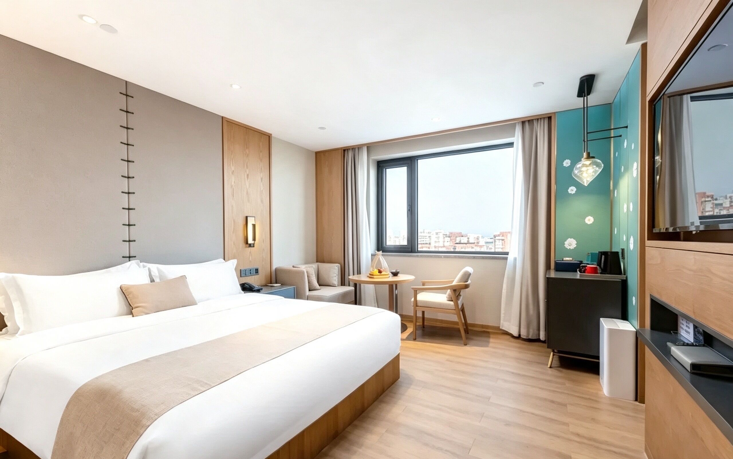 A hotel room with a large bed, a desk, a chair, a small table, and a view of the city through the window.