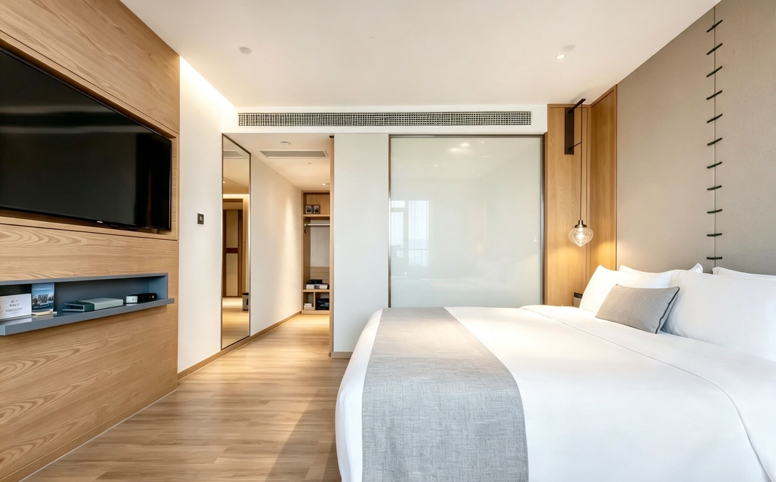 A modern hotel room with a large bed, a flat-screen TV mounted on the wall, and a walk-in closet.