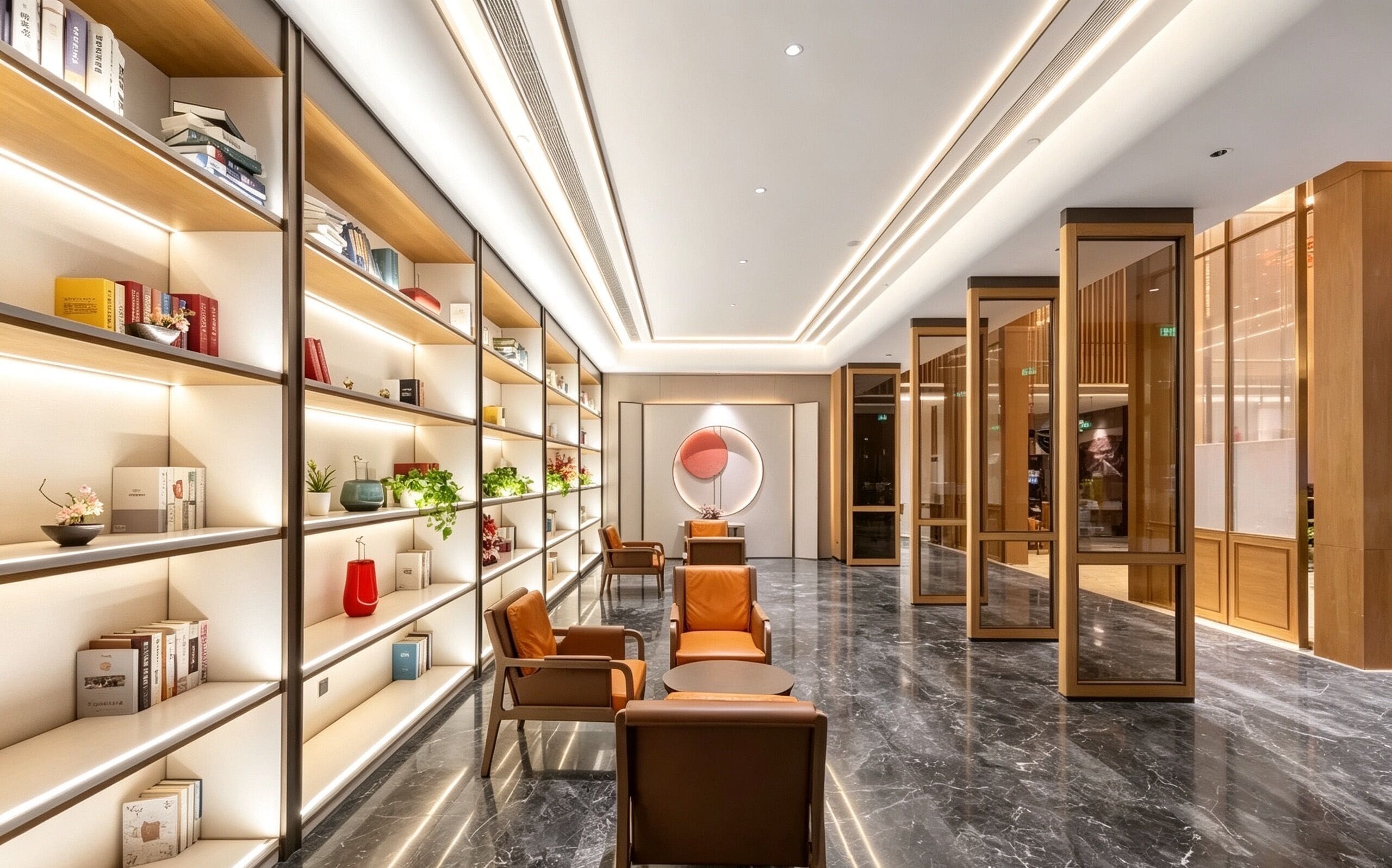 A modern interior with a long hallway, bookshelves, seating area, and a circular decorative element on the wall.