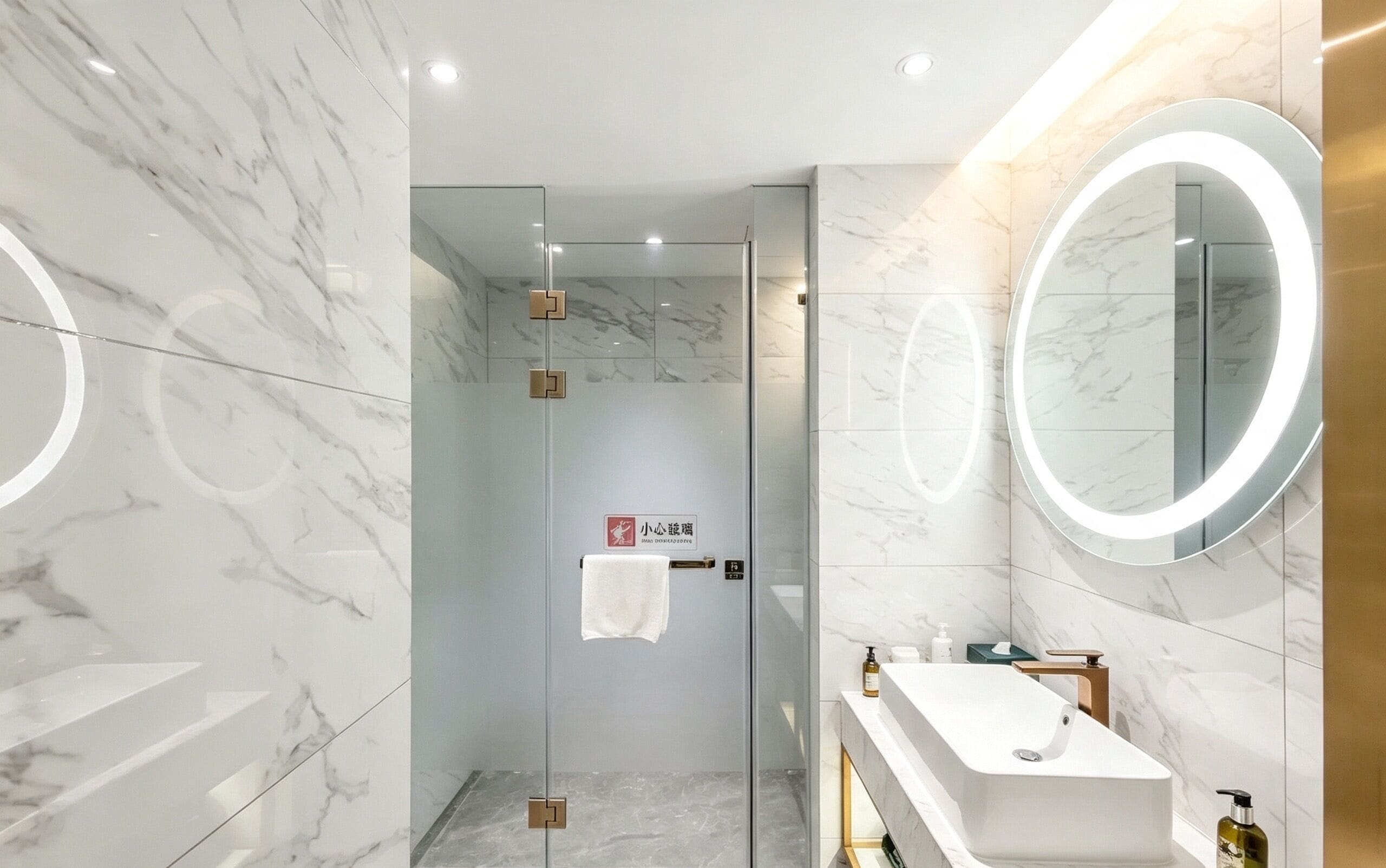 A modern bathroom with marble walls, a glass shower enclosure, a vanity with a mirror, and a towel hanging on a door.