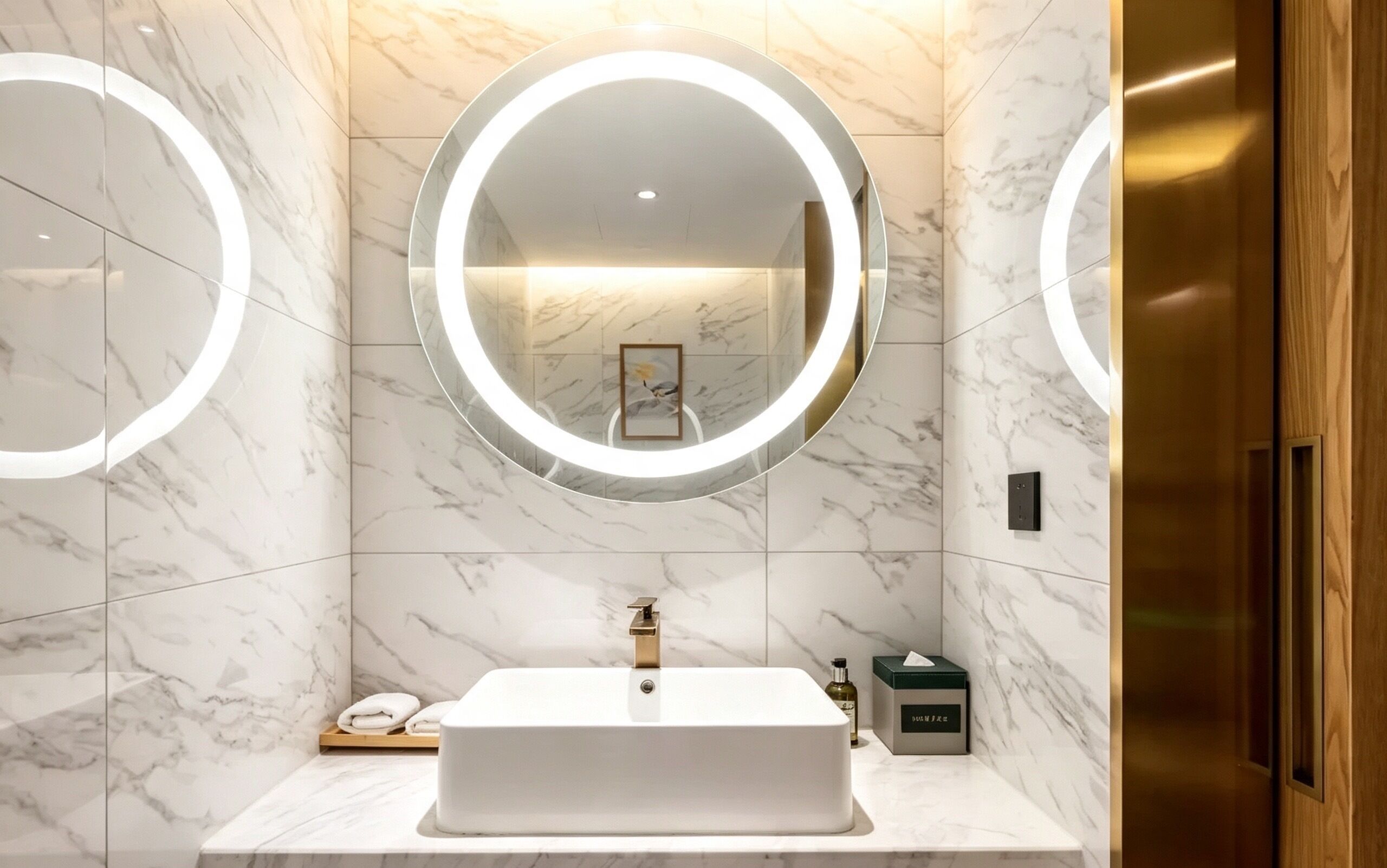 A modern bathroom with a central round mirror, a white sink, and marble walls.