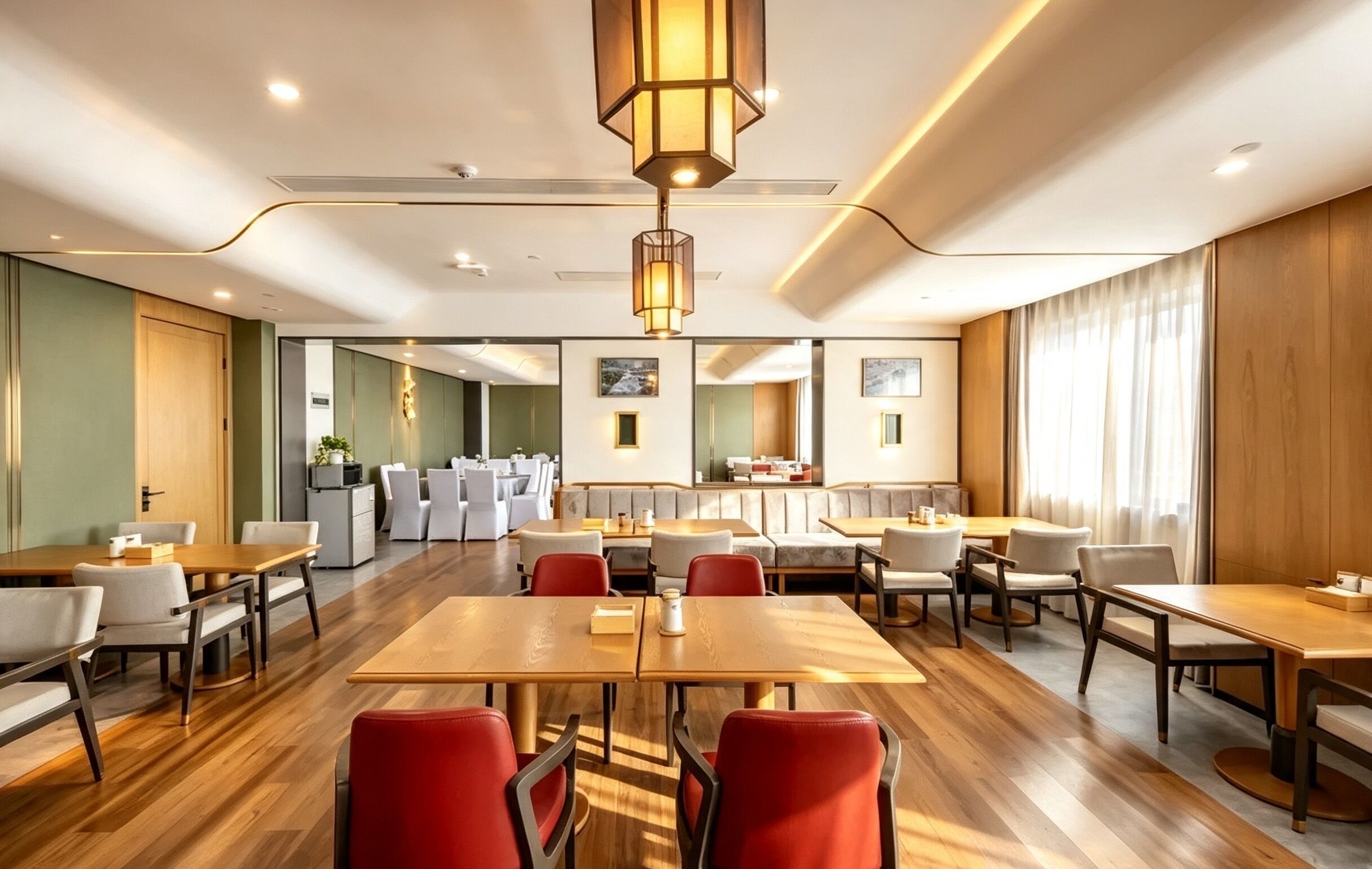 A hotel dining area with multiple tables and chairs, a central light fixture, and a view of the adjacent room.