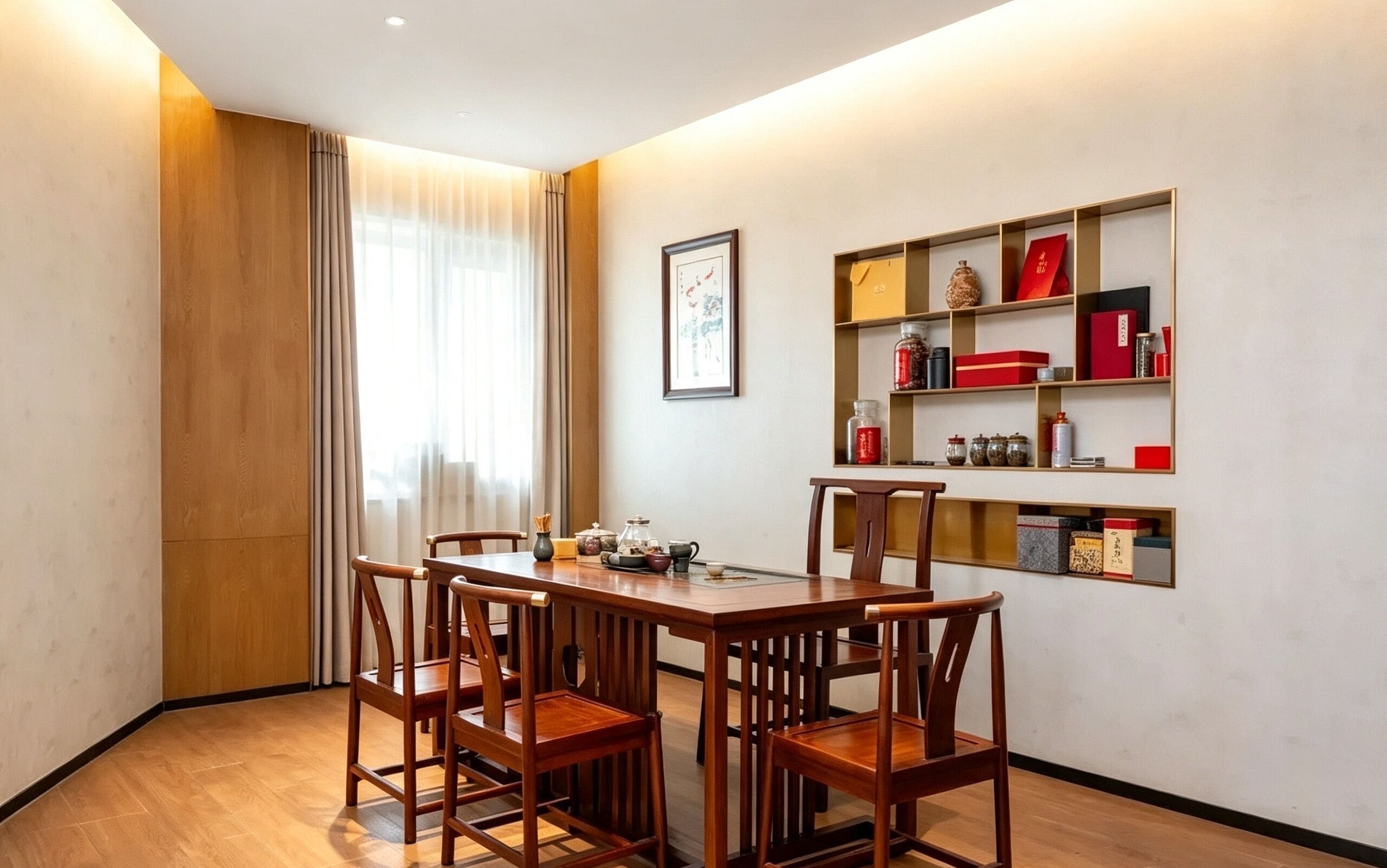 A dining area with a wooden table and chairs, a bookshelf with various items, and a window with curtains.