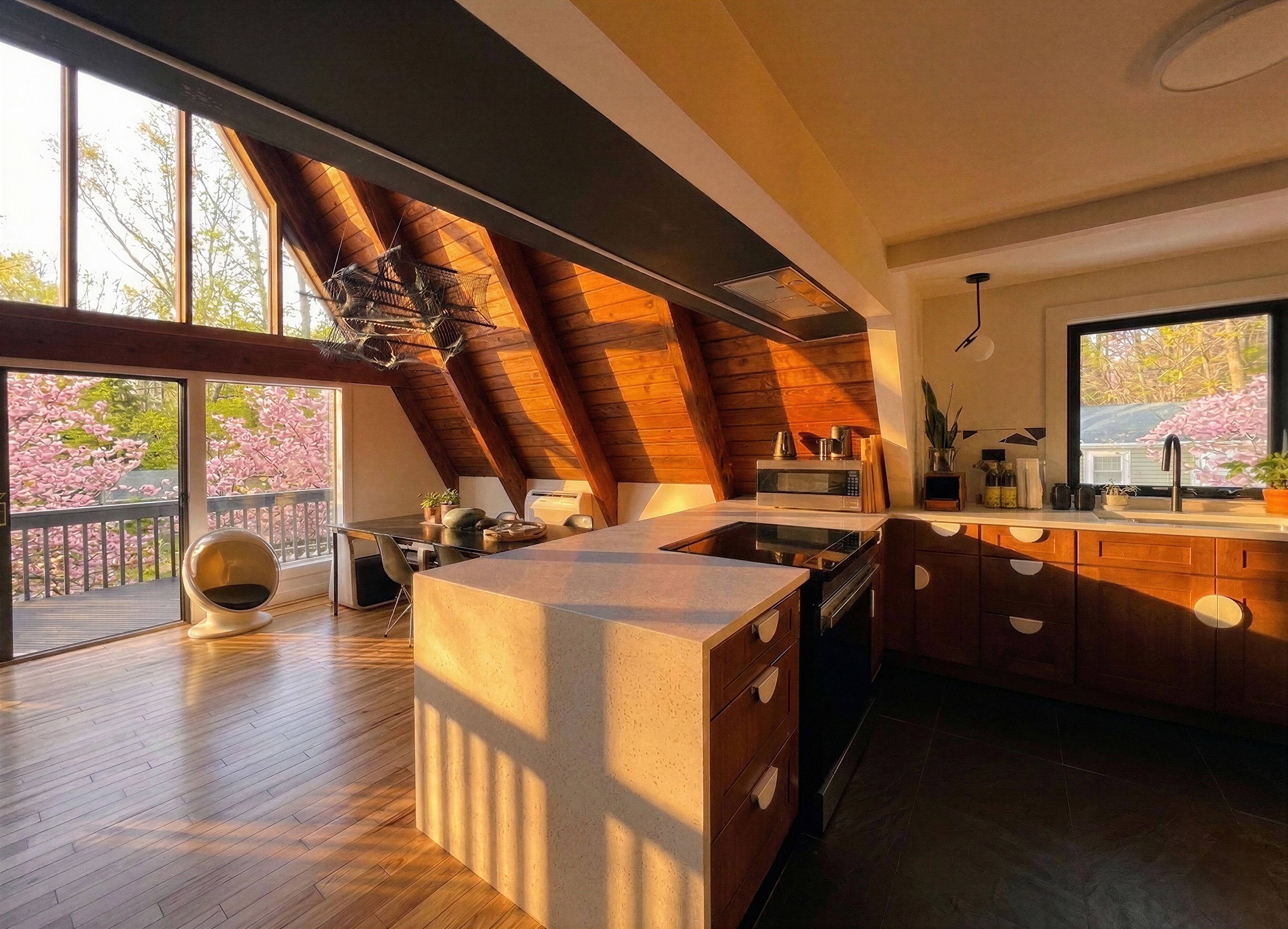 A modern kitchen with a large island, wooden ceiling, and a view of cherry blossoms.