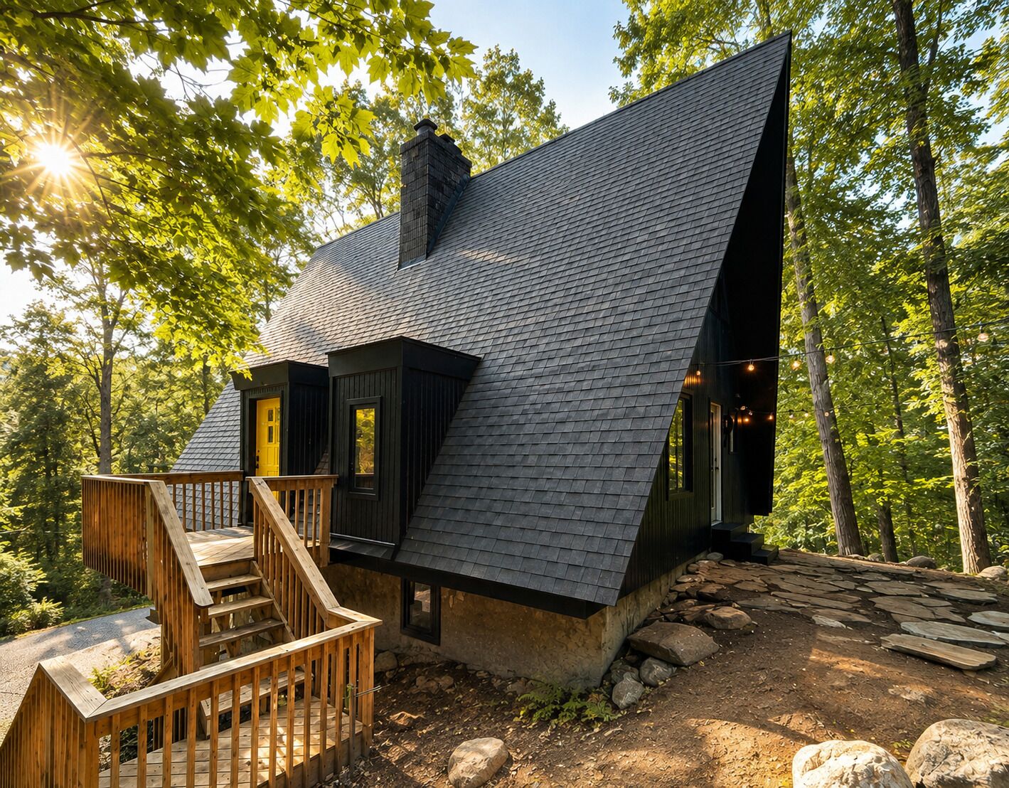 A cabin with a steeply pitched roof, wooden deck, and a stone pathway.