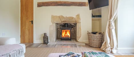 Una sala acogedora con chimenea, televisor montado en la pared y una estantería.