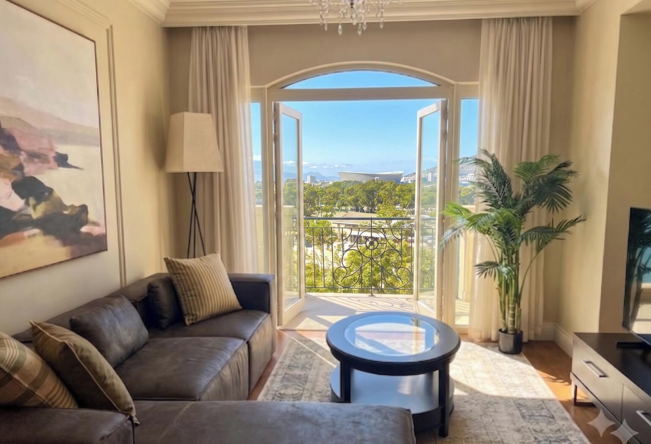A modern living room with a sofa, a small round table, a floor lamp, and a large window with a view of a cityscape.