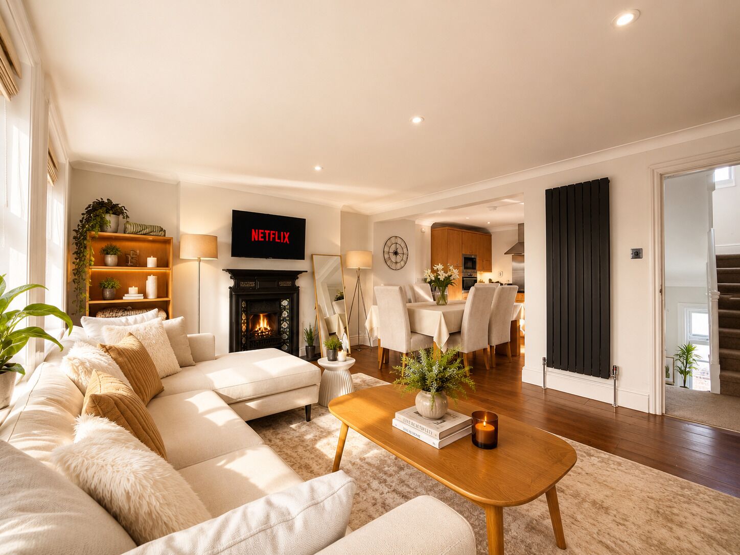 A modern living room with a fireplace, a dining area, and a kitchen in the background.