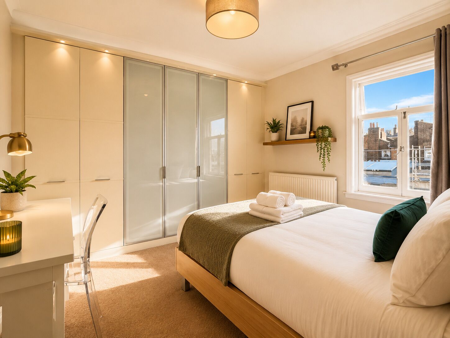 A modern bedroom with a large bed, a desk, a chair, a wardrobe, and a window with a view.
