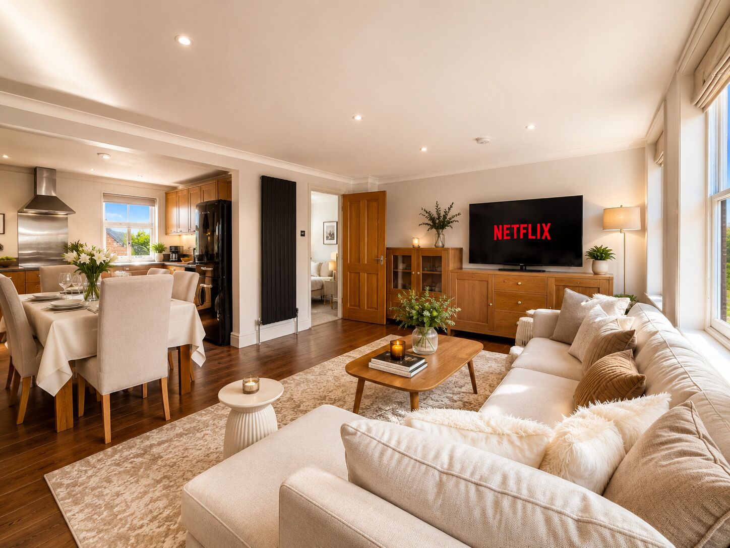 Ein modernes Wohnzimmer mit einer Couch, einem Couchtisch und einem Fernseher, der 'NETFLIX' anzeigt.