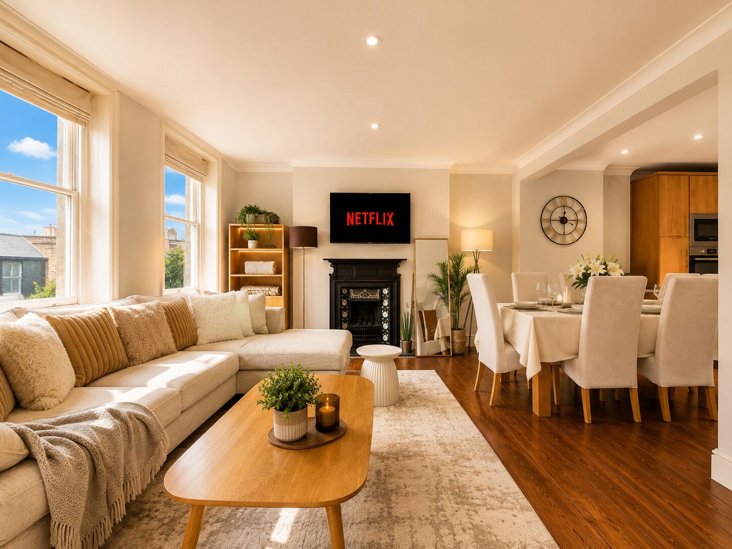A modern living room with a sofa, coffee table, fireplace, dining area, and a TV displaying 'NETFLIX'.