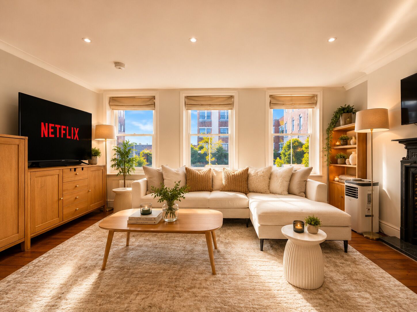 A modern living room with a sofa, coffee table, and a flat-screen TV displaying 'NETFLIX'.