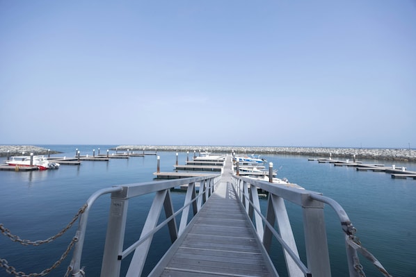 A pier leading to a marina with boats docked.