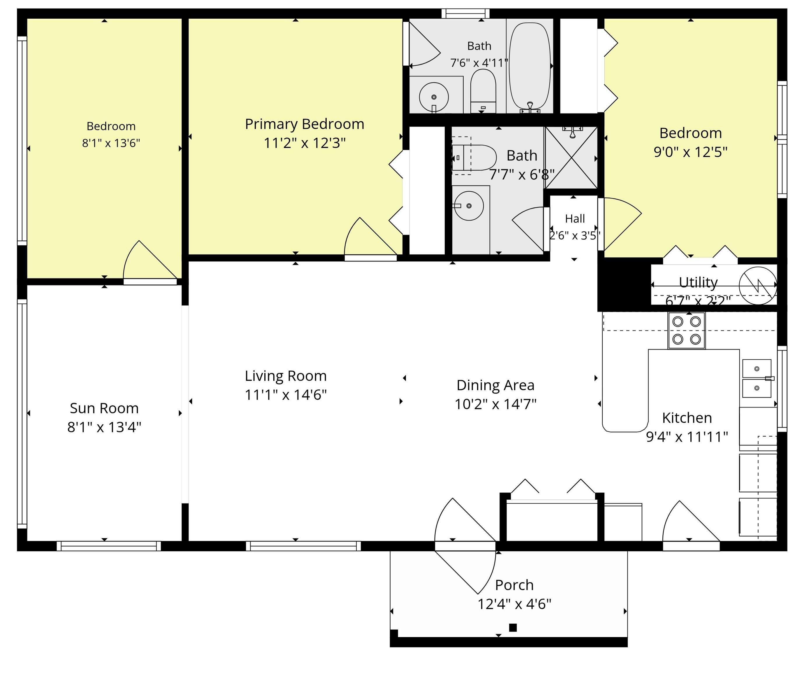 Ein Grundriss eines Hauses mit Schlafzimmer, Hauptschlafzimmer, Wintergarten, Wohnzimmer, Essbereich, Küche, Hauswirtschaftsraum, Bad und Veranda.
