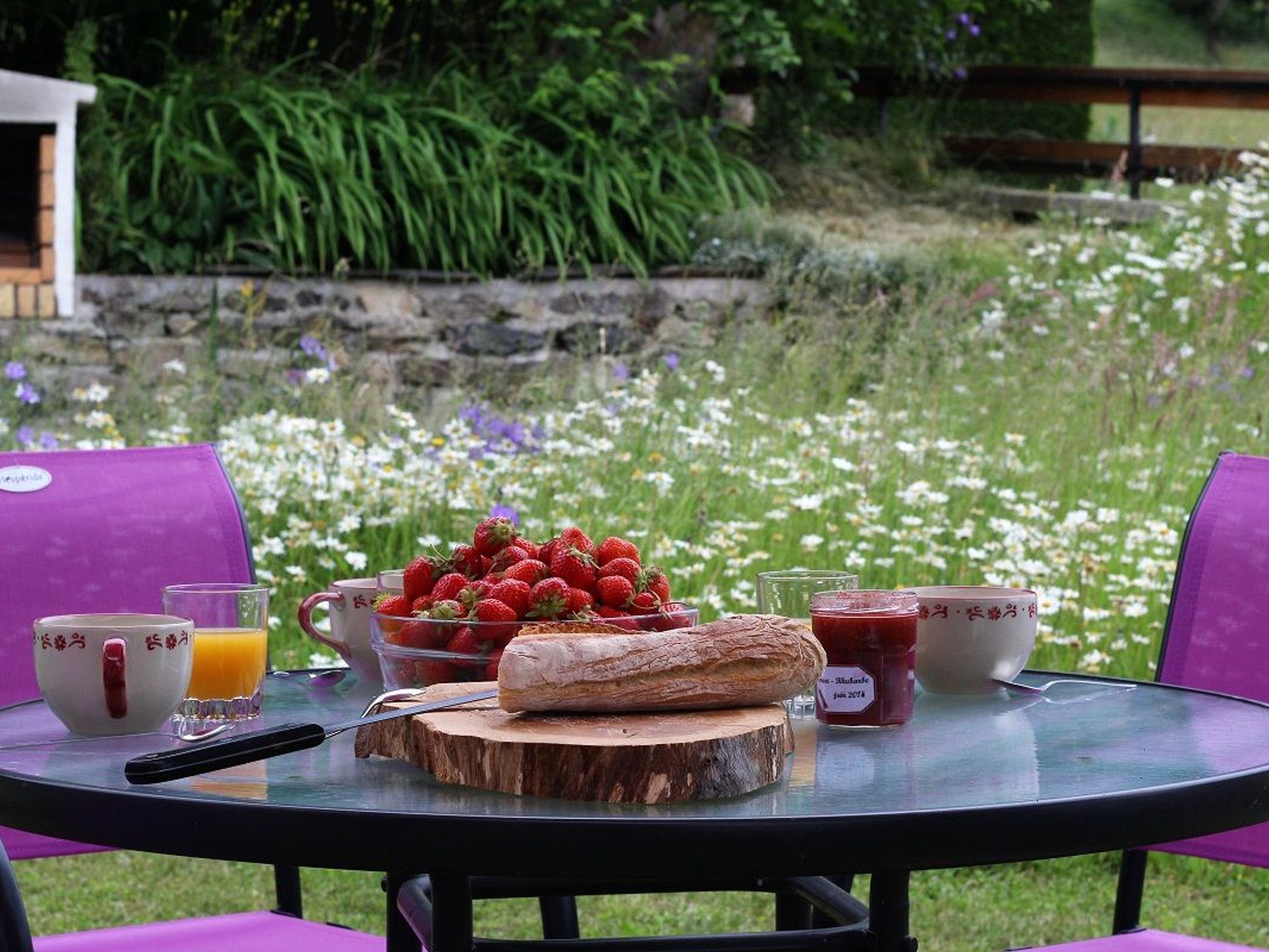 Une table à manger installée à l’extérieur, avec un repas comprenant des fraises, du pain et des boissons.