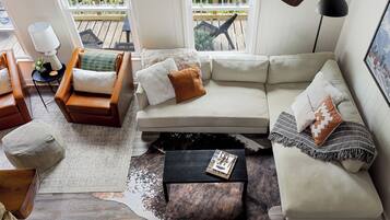 Smart TV, fireplace, books