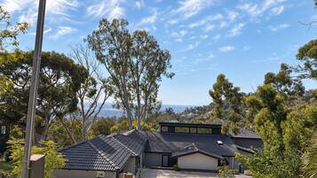 A residential building with a modern design, featuring a flat roof and a large garage.