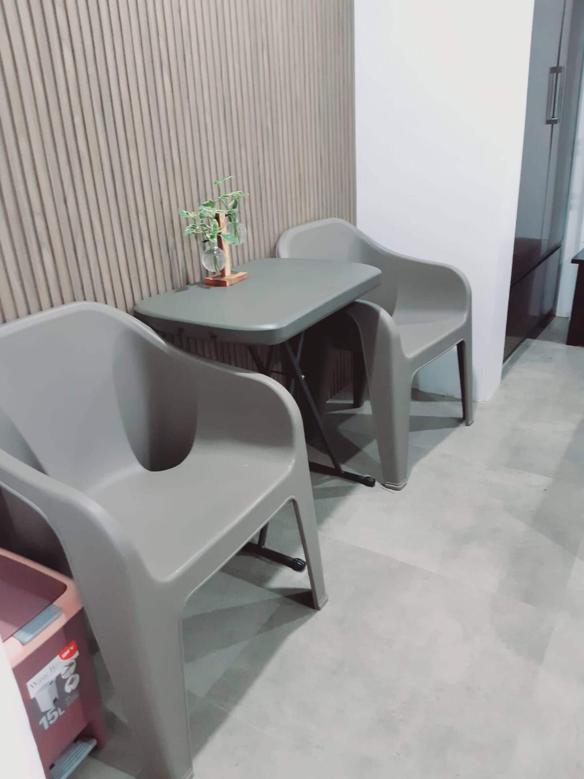 A small room with a table and two chairs, a potted plant on the table, and a wall with vertical lines.