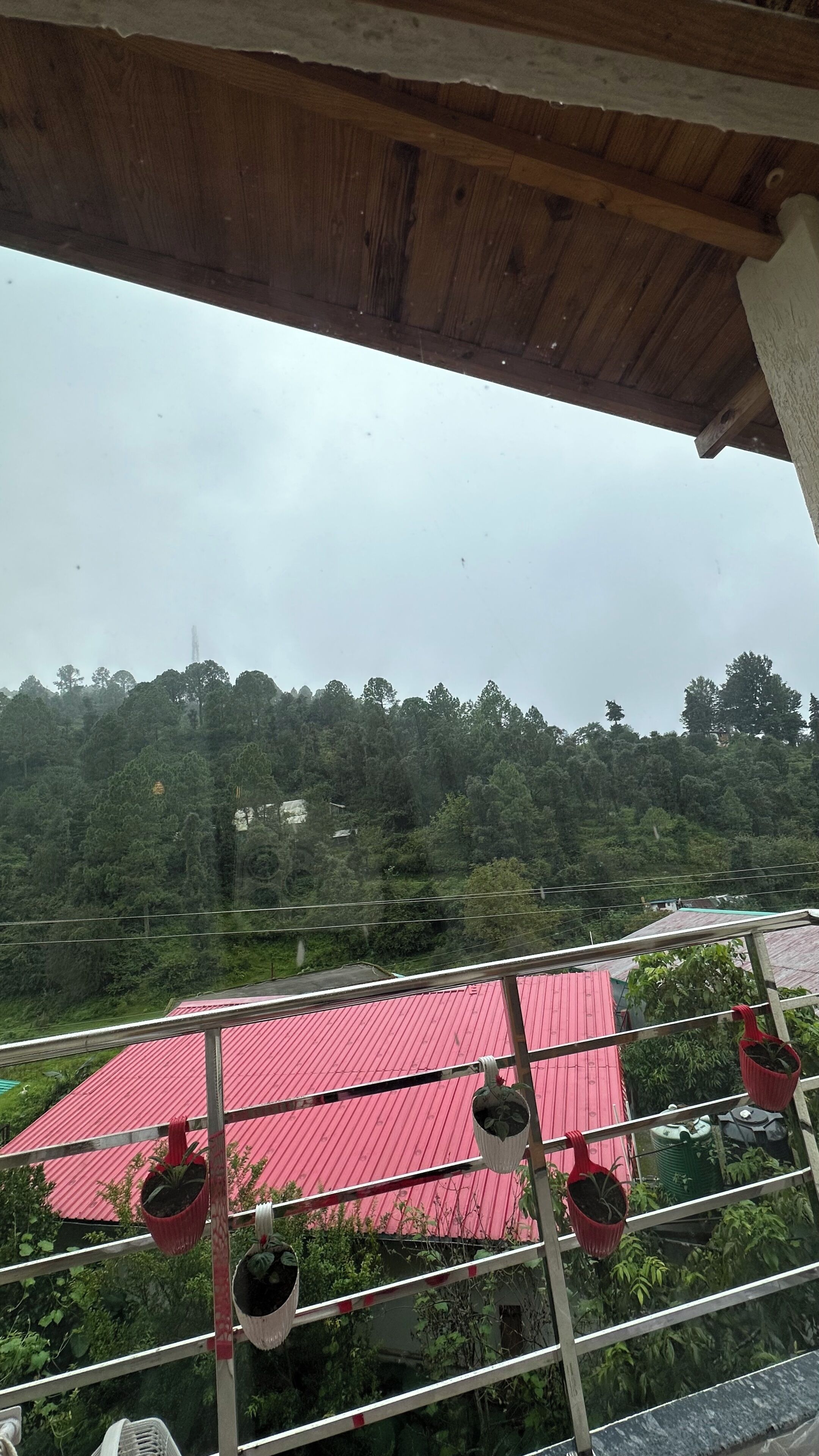 Un balcon doté d’un toit rouge, de plantes en pot et offrant une vue sur une colline boisée.