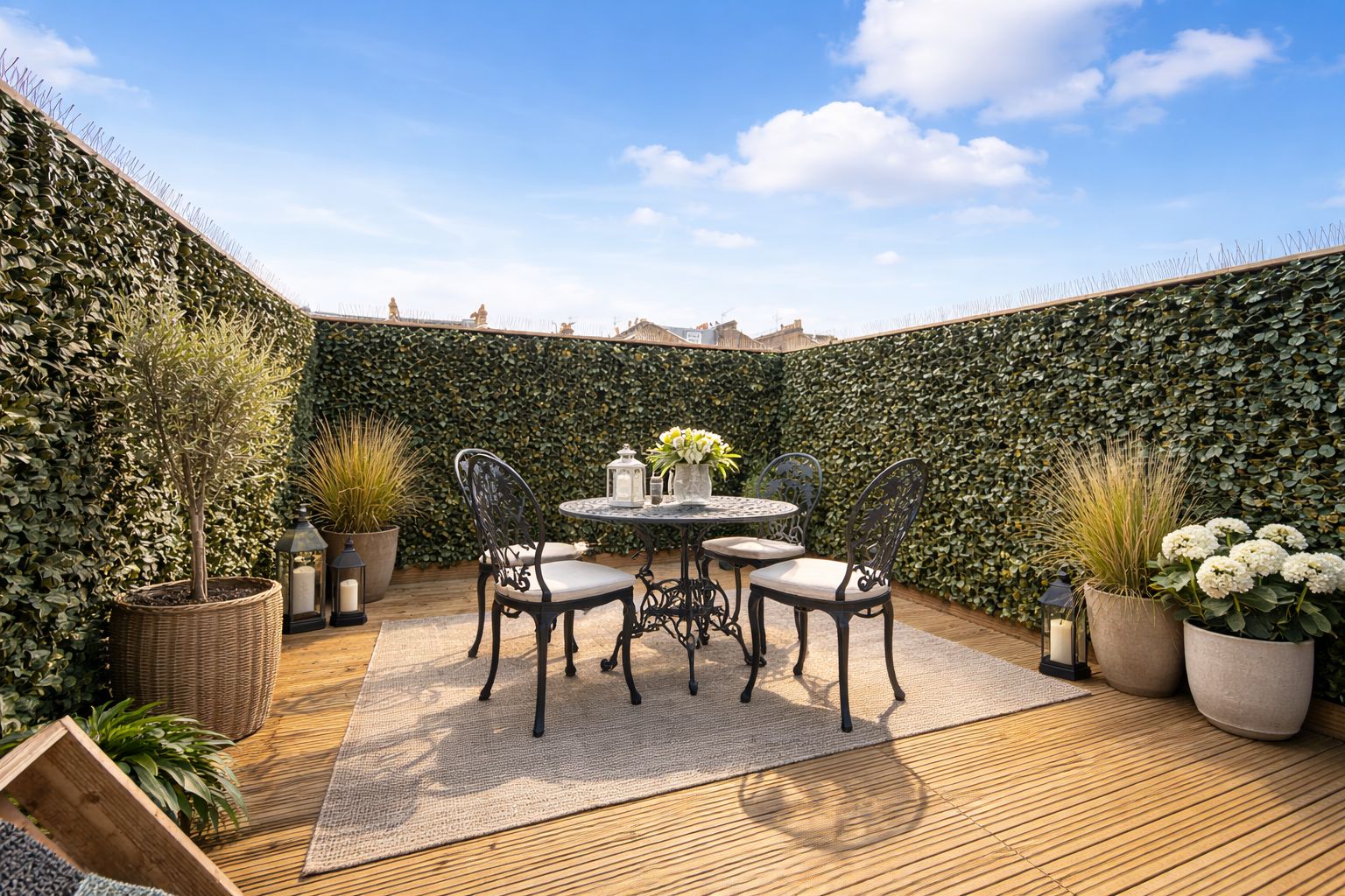 A patio with a round table and chairs, surrounded by potted plants and a decorative hedge.
