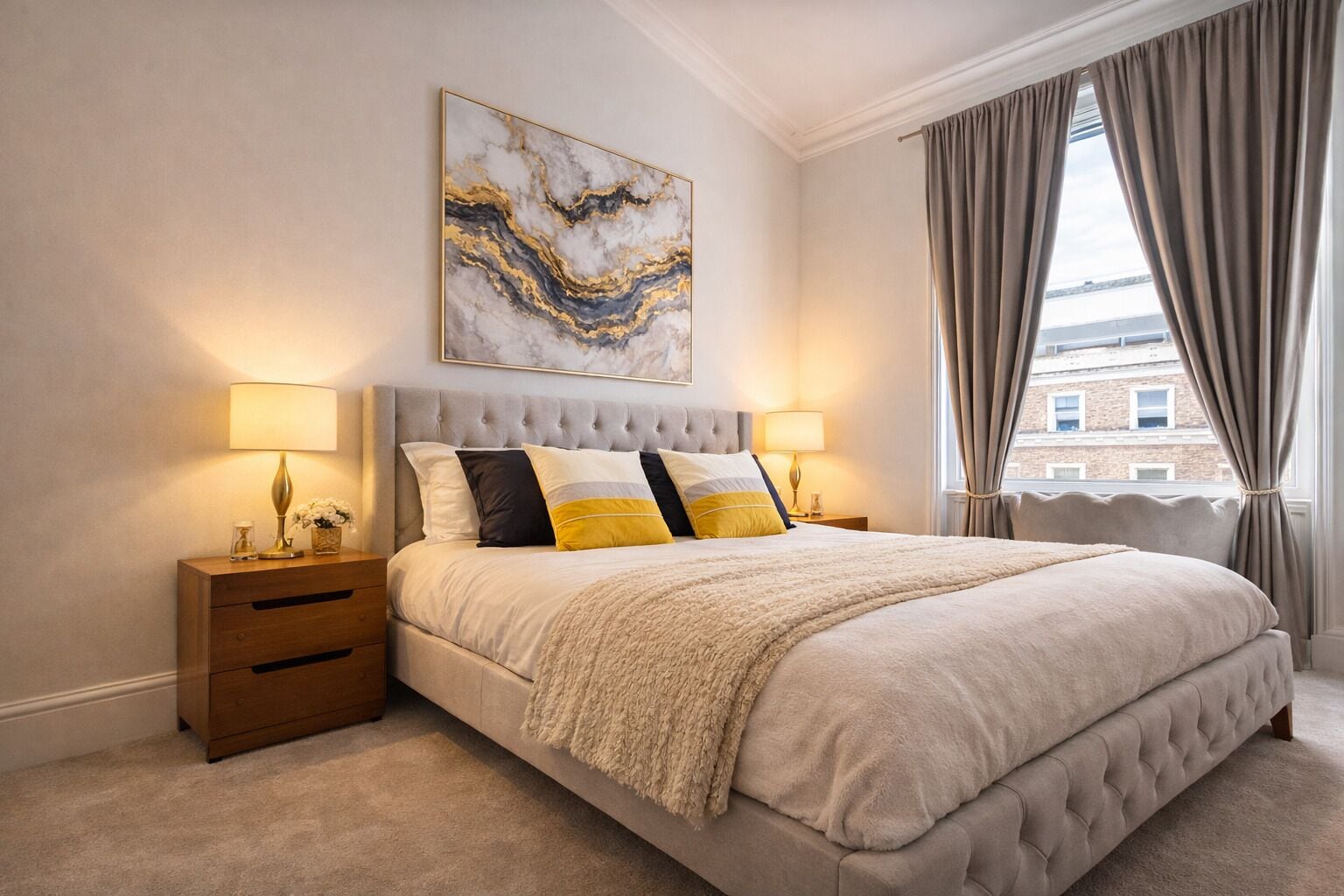 A bedroom with a large bed, two bedside tables, a headboard, a window with curtains, and a wall-mounted artwork.