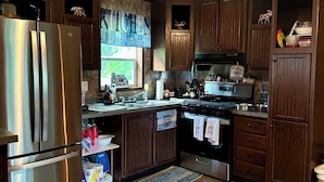 A kitchen with wooden cabinets, stainless steel appliances, and a window with a view.