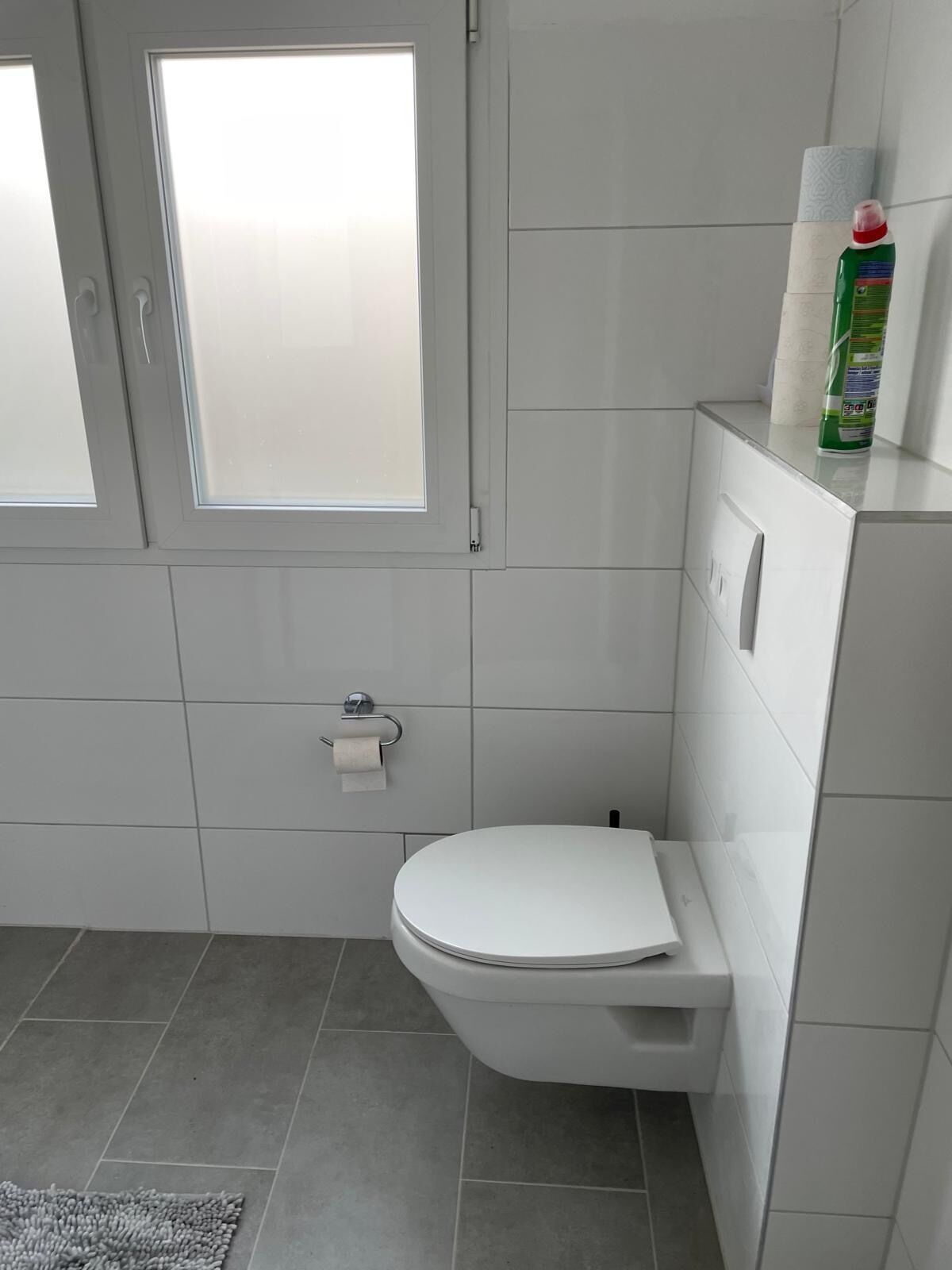 A modern bathroom with a toilet, a towel rack, and a window.