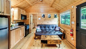A cabin interior with wooden walls, a kitchenette, a leather sofa, and a window with a view of trees. - Private Catskills Campsite! Tiny Cabin + Airstream (Sidney Center)