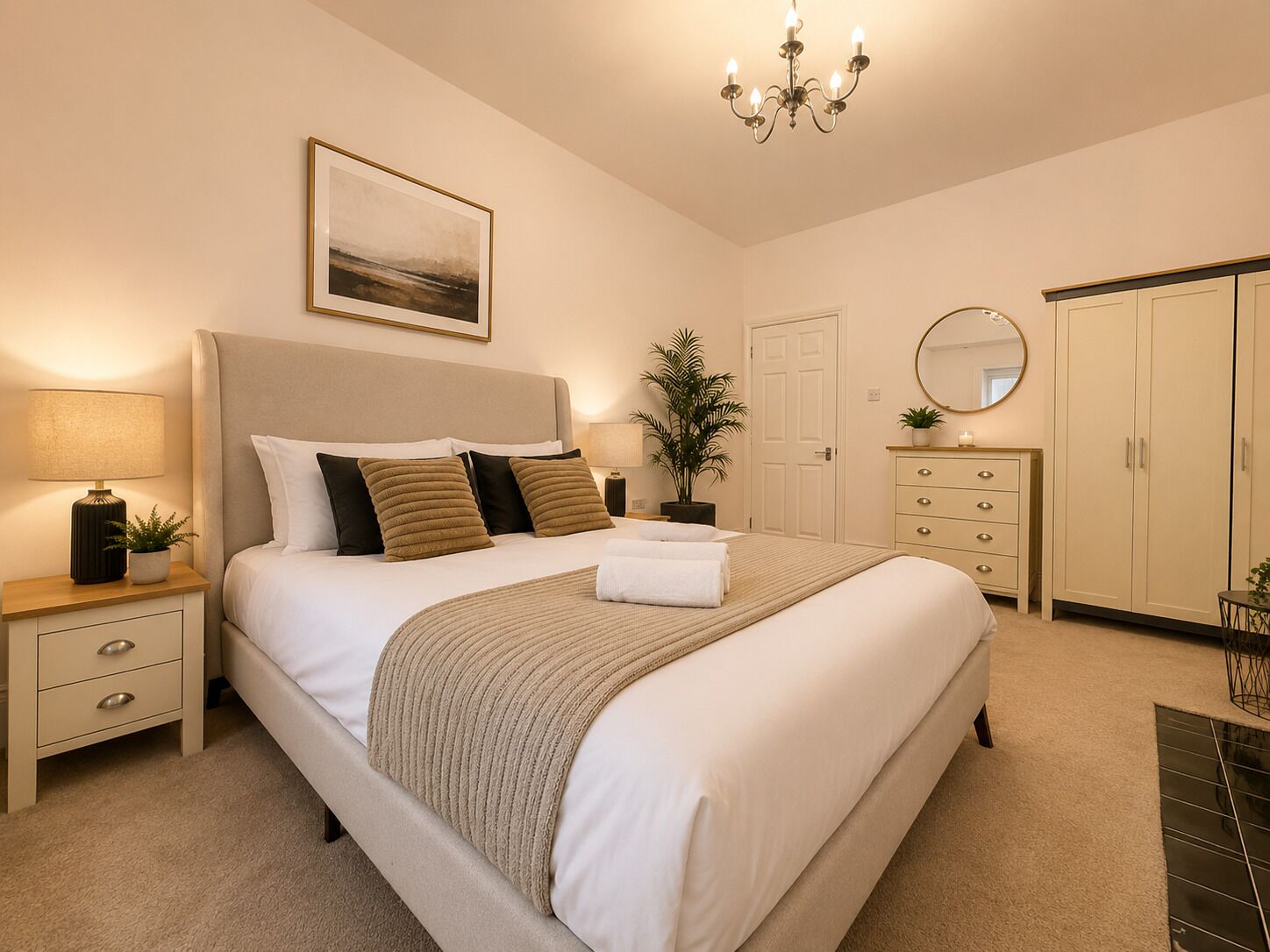 Um quarto com cama, mesas de cabeceira, luminária, planta em vaso, espelho, guarda-roupa e lustre.
